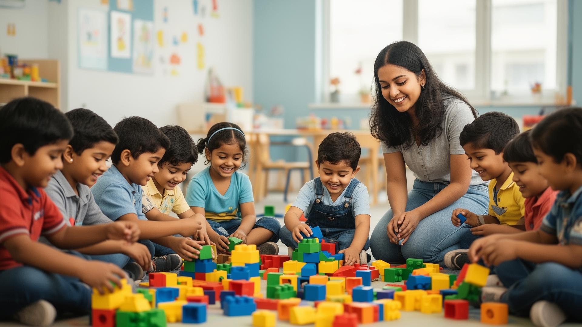 Happy children doing activity-based learning at Little Geenius Play School in Tirupur